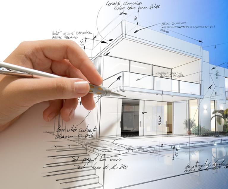 Croquis d’architecte illustrant la conception d’une villa moderne, symbolisant la relation avec un architecte pour un projet immobilier de luxe.