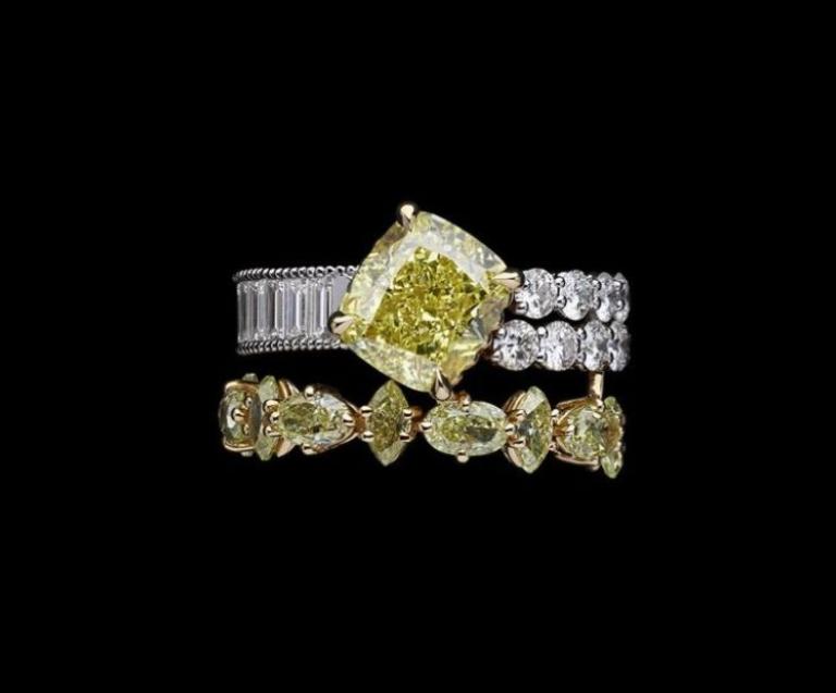Bagues de haute joaillerie Dior en diamants et pierres jaunes issues de la collection Galons Dior