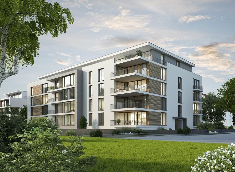 Résidence moderne en immobilier neuf, illustrant un investissement locatif de qualité avec des appartements neufs et des espaces verts.