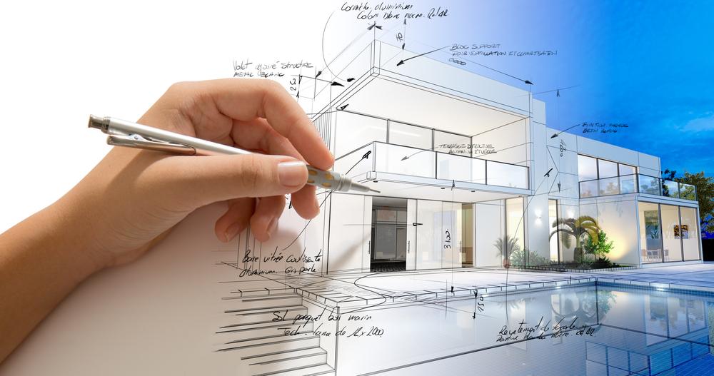 Croquis d’architecte illustrant la conception d’une villa moderne, symbolisant la relation avec un architecte pour un projet immobilier de luxe.