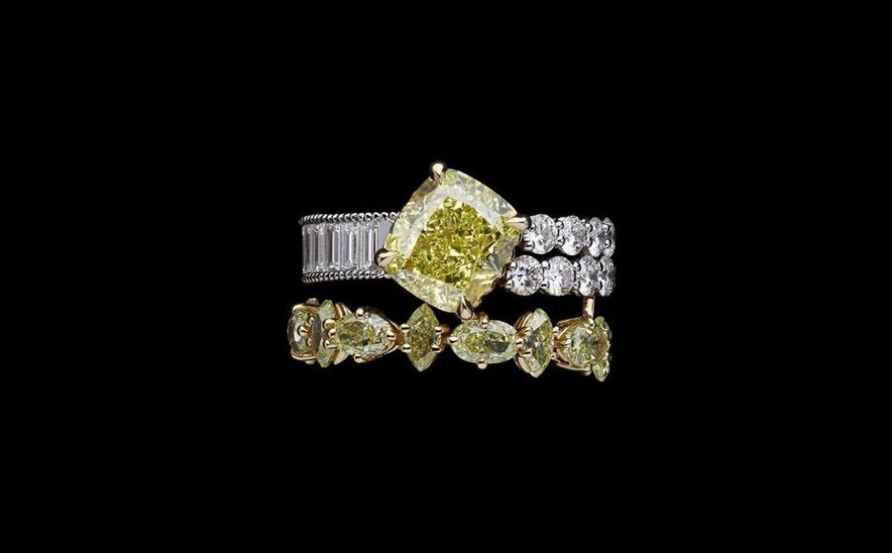 Bagues de haute joaillerie Dior en diamants et pierres jaunes issues de la collection Galons Dior