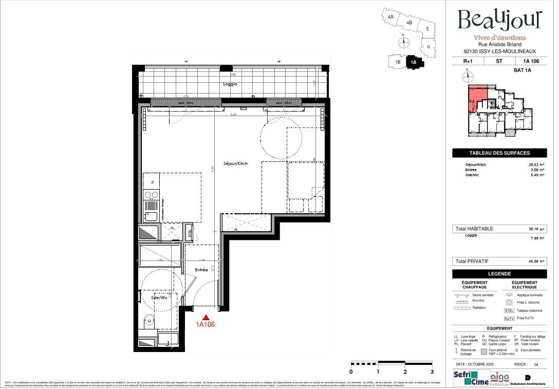 Issy les Moulineaux (92130) Grand Studio Neuf de 38,10 m² avec balcon loggia de  7,88m²